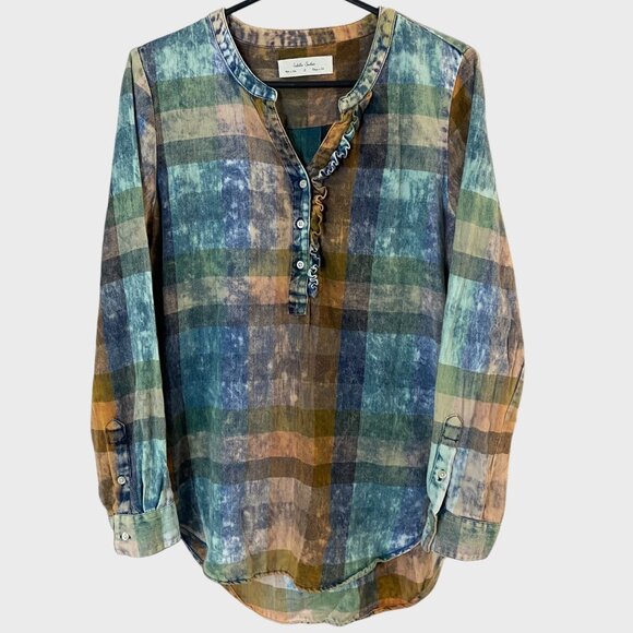 Anthropologie Ruffle Henley Top Women's Small Acid-Washed Tonal Check Tunic - Picture 1 of 11